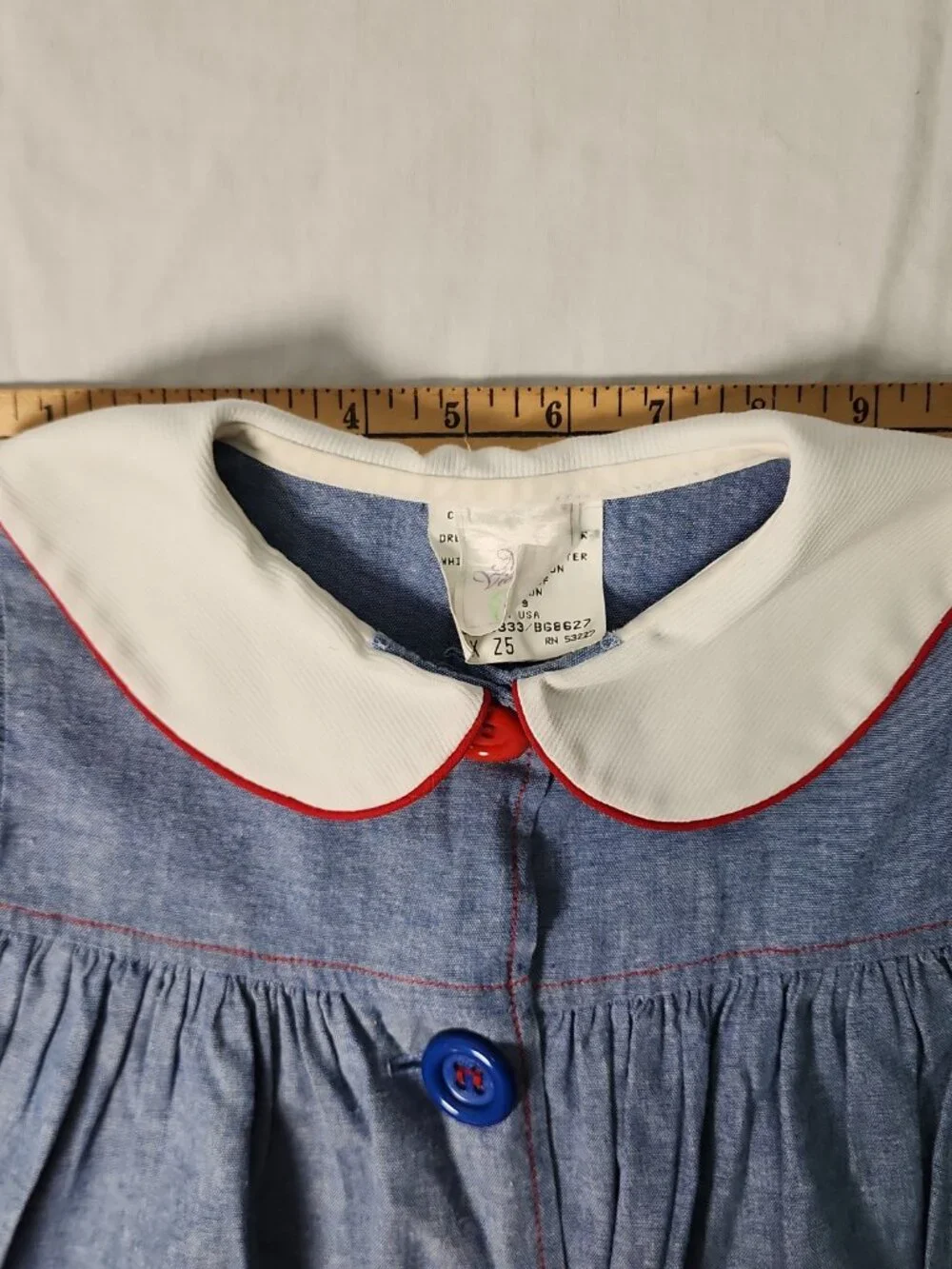 80s Miss Victoria Girls School Days Blue Chambray Dress Peter Pan Collar 6X VTG